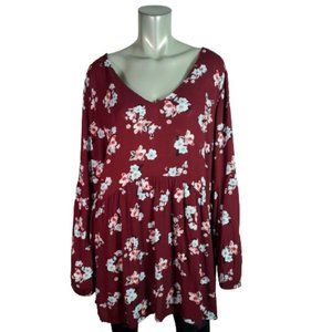 Lane‎ Bryant Top Plus Size 22/24 Babydoll Long Sleeve V-Neck Pullover Casual Red